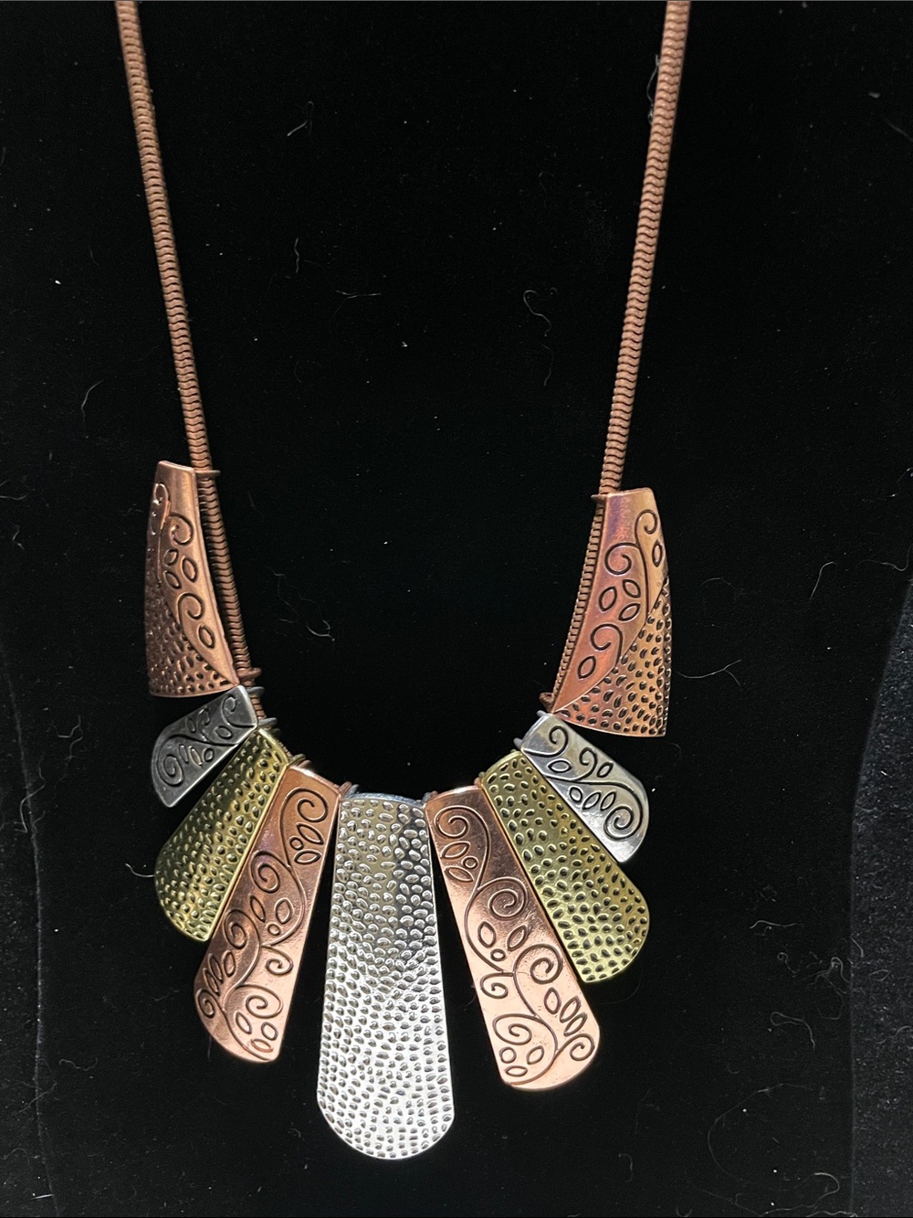 Mixed Metal Fan Pendant Necklace - Copper, Gold & Silver. M’s
